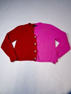 moon & madison Red and Pink Ribbed Colorblock Button Cardigan